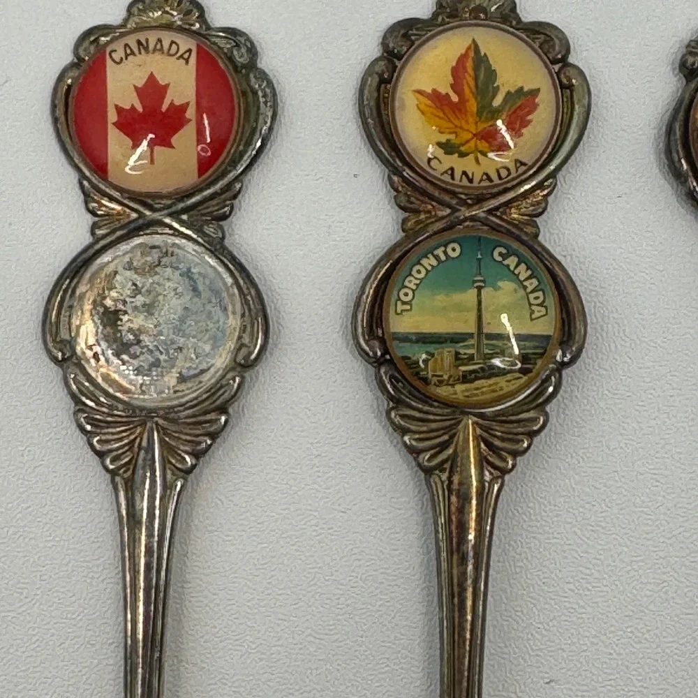 Vtg Canada Souvenir Spoon Lot 4 Enamel Niagara Falls Toronto Banff‎ Maple Leaf